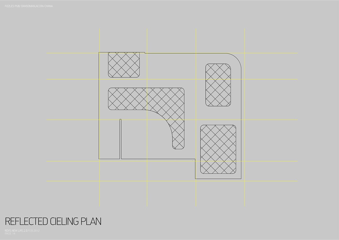 Technical drawing labeled Reflected Ceiling Plan: an overhead grey sheet in yellow and black linework mapping the ceiling geometry, with cross-hatched zones marking the cove-lit and feature ceiling areas above the lounges and bar.