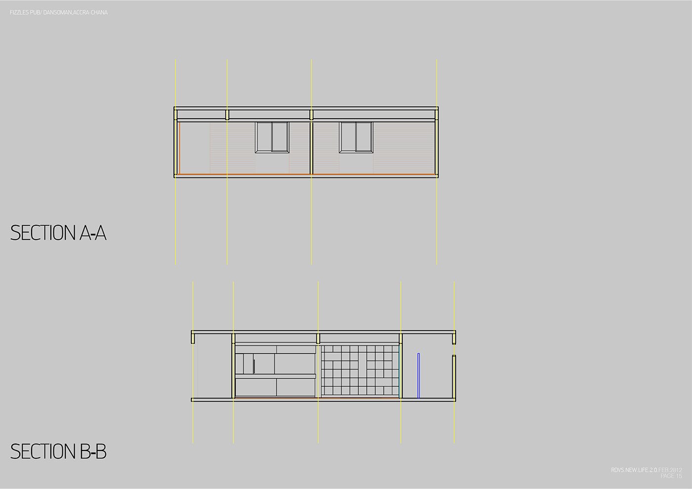 Two technical section drawings on a grey sheet, labeled Section A-A and Section B-B, in thin black and yellow linework, cutting through the building to show wall heights, openings and the ceiling profile.