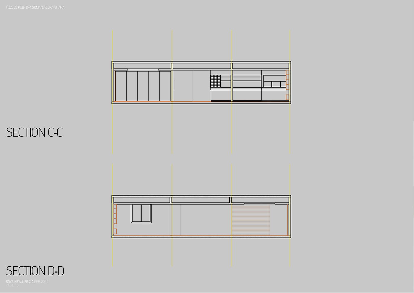 A second pair of technical sections on grey, labeled Section C-C and Section D-D, drawn in black and yellow linework, showing further cut-through elevations of the interior with openings, partitions and ceiling lines.