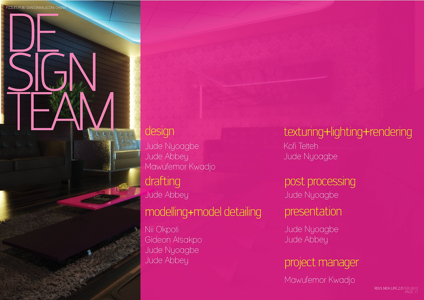 Design Team spread: a magenta panel with the stacked heading Design Team over a lounge render, listing credited roles such as design, drafting, modelling and model detailing, texturing lighting and rendering, post processing, presentation and project manager.