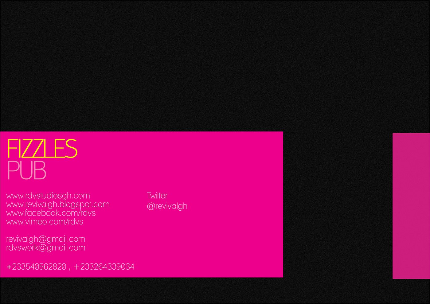 Closing spread: a magenta panel lettered Fizzles Pub on black carrying a contact block of studio website addresses, a Twitter handle, email addresses and phone numbers, with a small magenta square accent at the right edge.