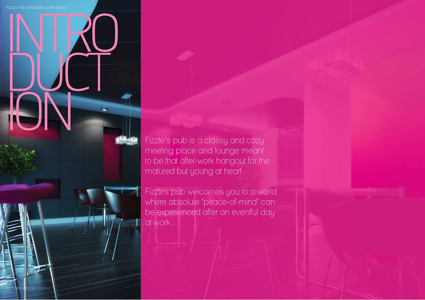 Introduction spread: a solid magenta panel printed with the heading Introduction and body text describing the pub as a classy, cozy after-work hangout, laid over a pink-tinted view of the lounge seating and bar stools behind.