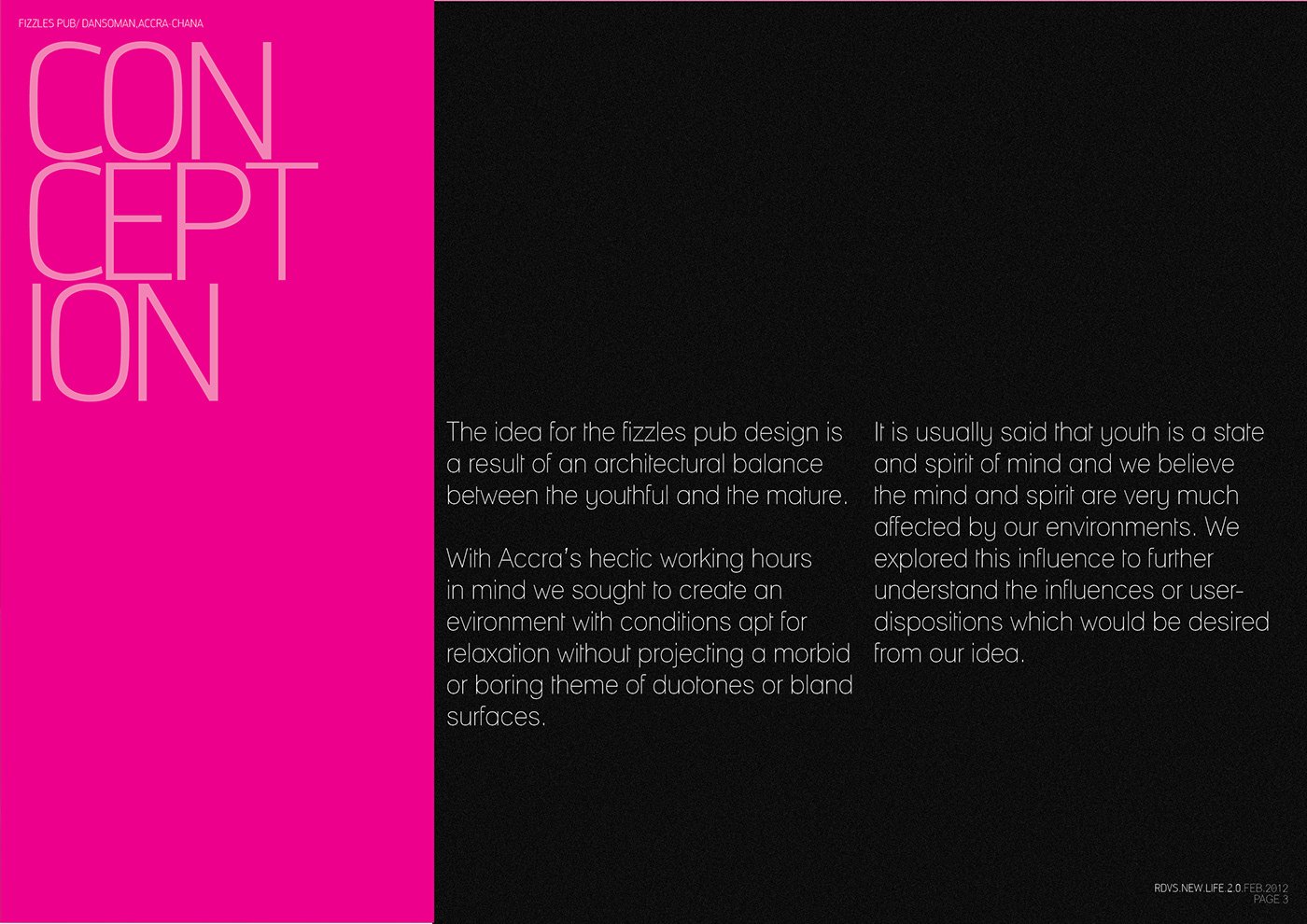 Conception spread: a magenta panel with the stacked heading Conception beside two columns of white text on black, explaining the design as a balance between youthful and mature moods, with a sliver of the lounge visible at left.