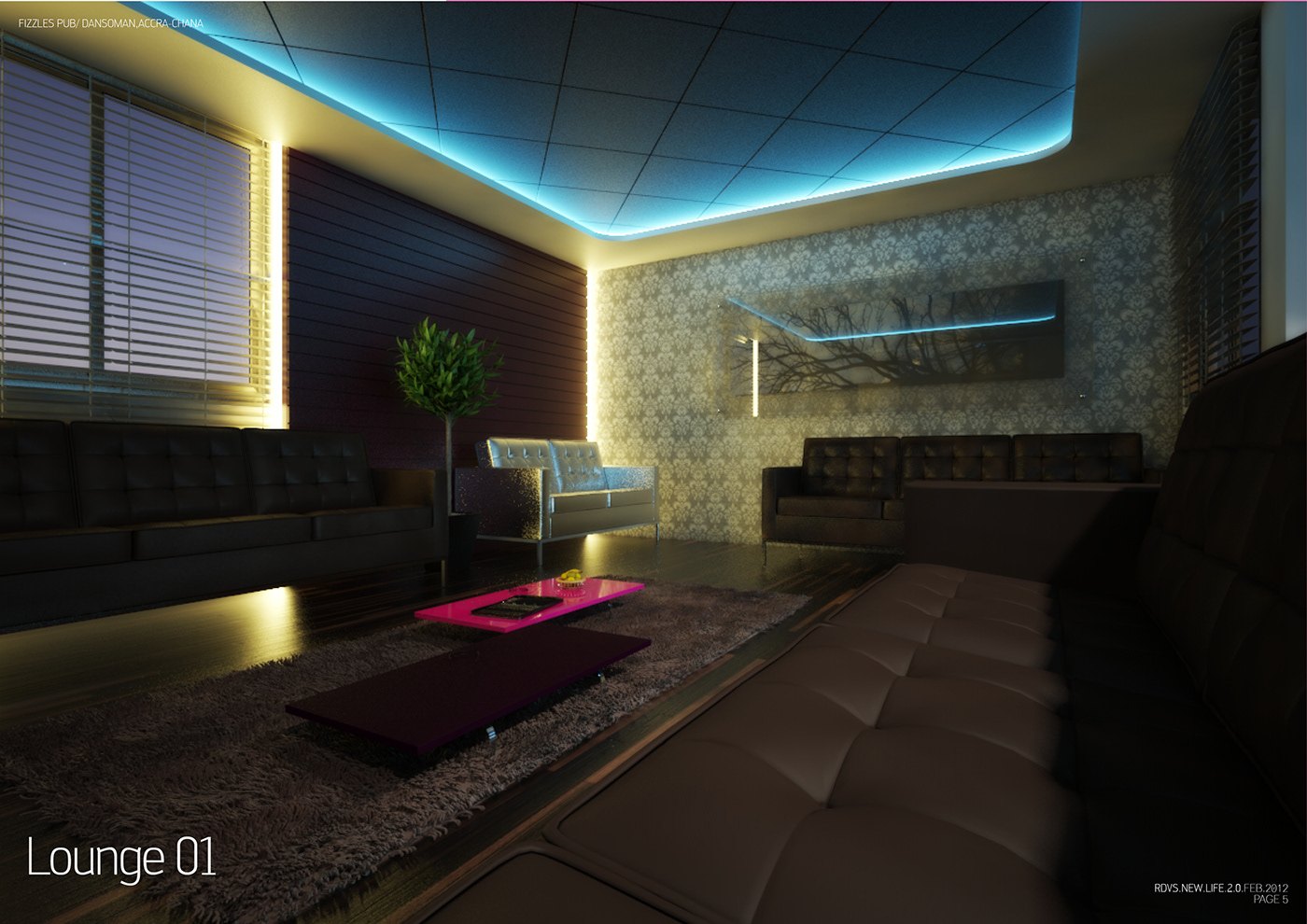Rendered lounge interior captioned Lounge 01: dark timber-slat walls and a blind-dressed window frame a low seating group with brown leather sofas and a pink tray table, all under a blue cove-lit coffered ceiling with a potted plant.