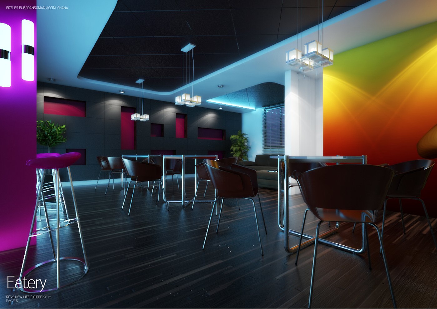 Rendered eatery captioned Eatery: dining tables and chairs on dark flooring beneath a blue-lit ceiling and pendant lamps, with a glowing magenta column at left and a rainbow-gradient feature wall in green, yellow, orange and red at right.