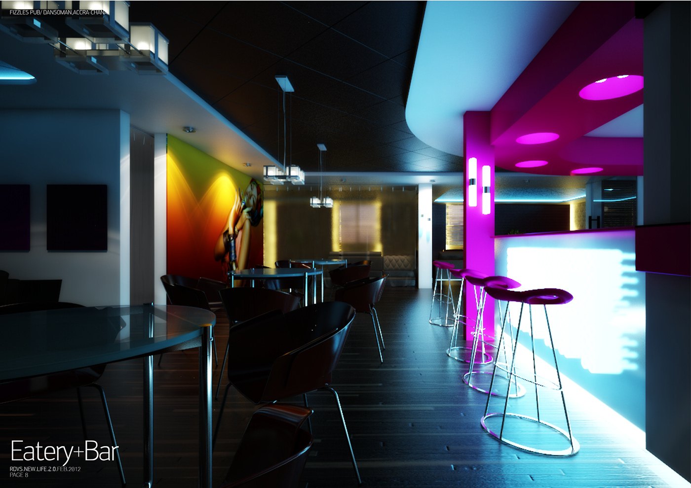 Hero render captioned Eatery+Bar: a backlit bar counter glowing magenta and blue with a row of tall stools, dining tables and chairs in the foreground and a colorful feature wall, all under a dark ceiling with cove lighting.