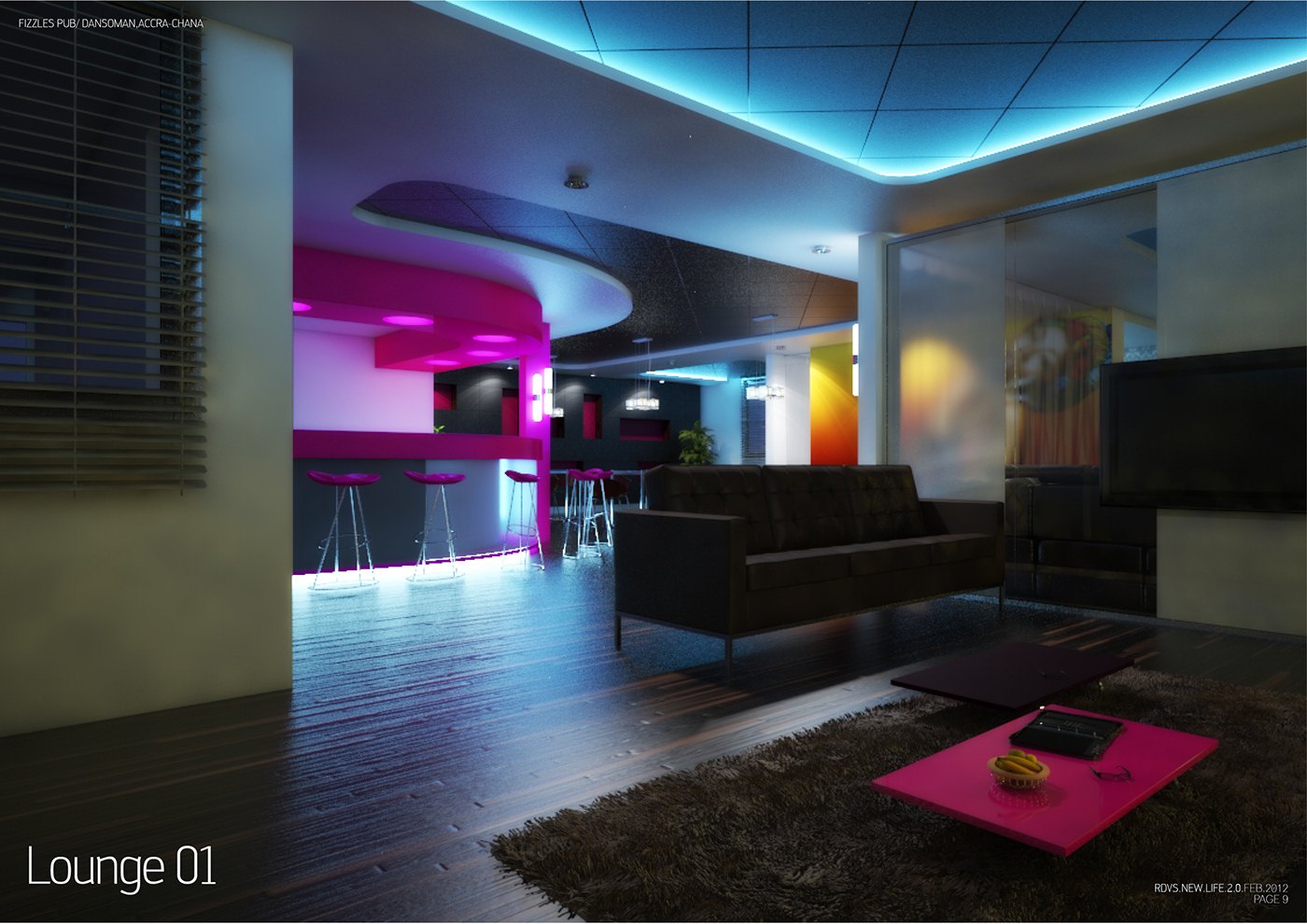 Second lounge render captioned Lounge 01: sculptural magenta ceiling baffles and a blue cove-lit perimeter hover over dark sofas, a pink low table on a shaggy rug and a window with horizontal blinds at left.