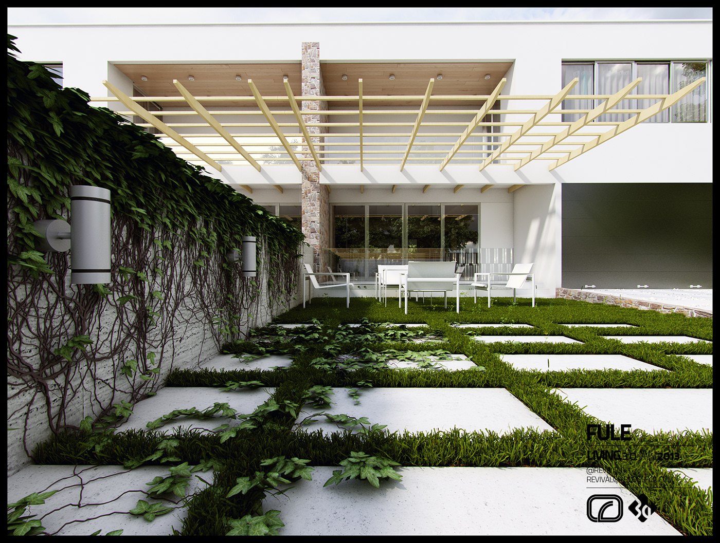 Courtyard render: square stepping pads set in grass lead to a white outdoor dining set under an open timber pergola, with ivy trained up a boundary wall at the left and cylindrical lights mounted on it.