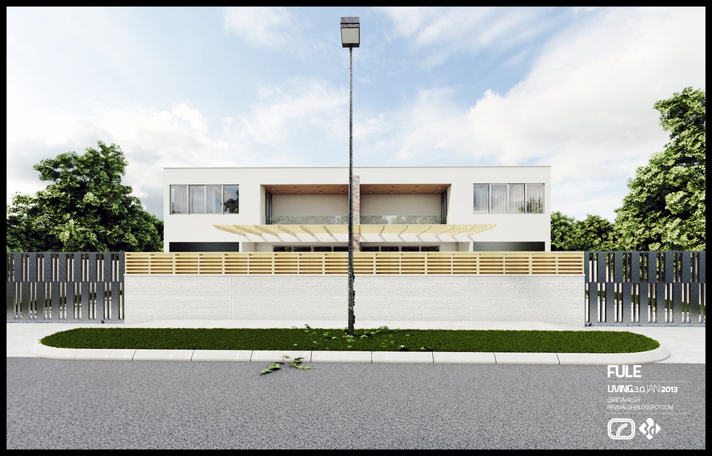 Head-on street elevation of the same facade: a long white first floor with recessed loggias behind the slatted boundary wall, gate piers at both ends, a lawn strip and a lamp post in front.