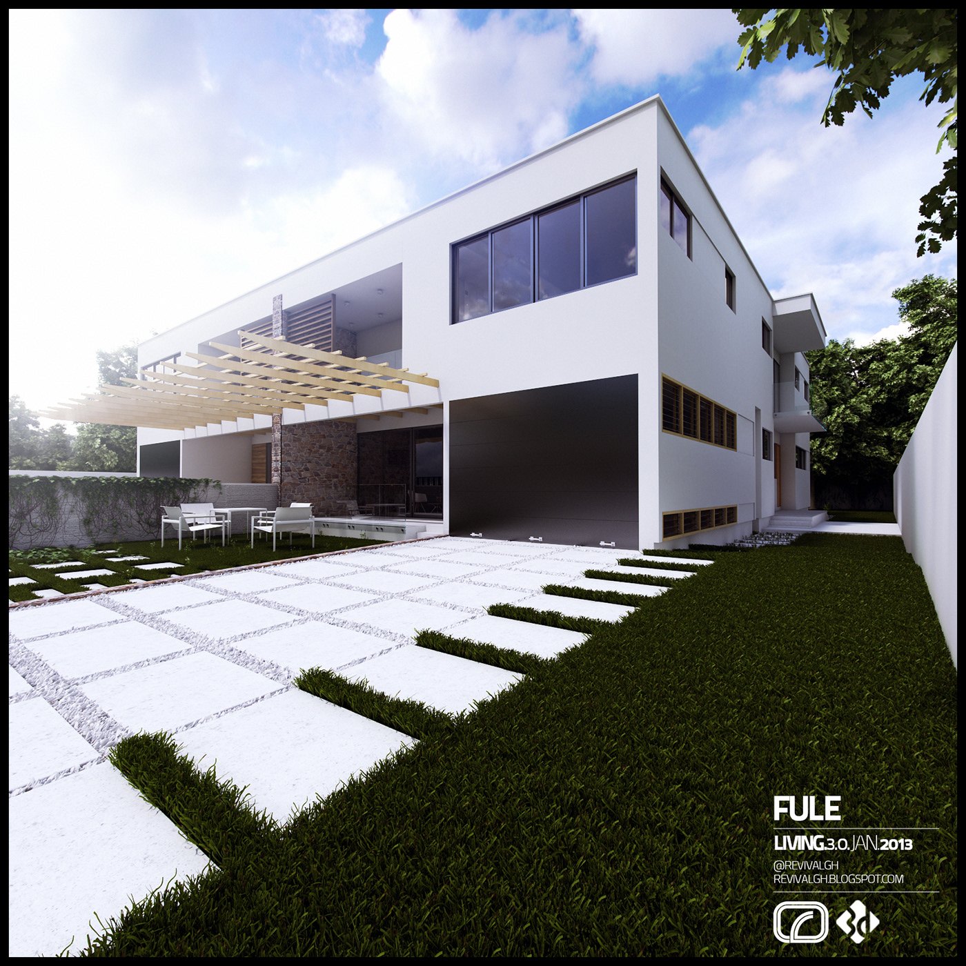 Square-format garden render: the side elevation with a band of dark glazing, a timber pergola shading a paved terrace at the left, and stepping stones crossing a green lawn toward the camera.