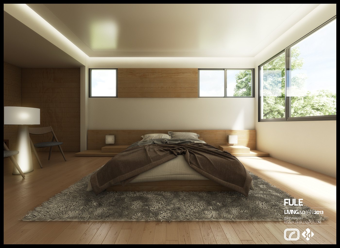 Bedroom render: a low bed with brown linen on a grey rug, a full oak panel behind the headboard, pale plank flooring, a floor lamp and chair by the window, and cove light washing the ceiling.