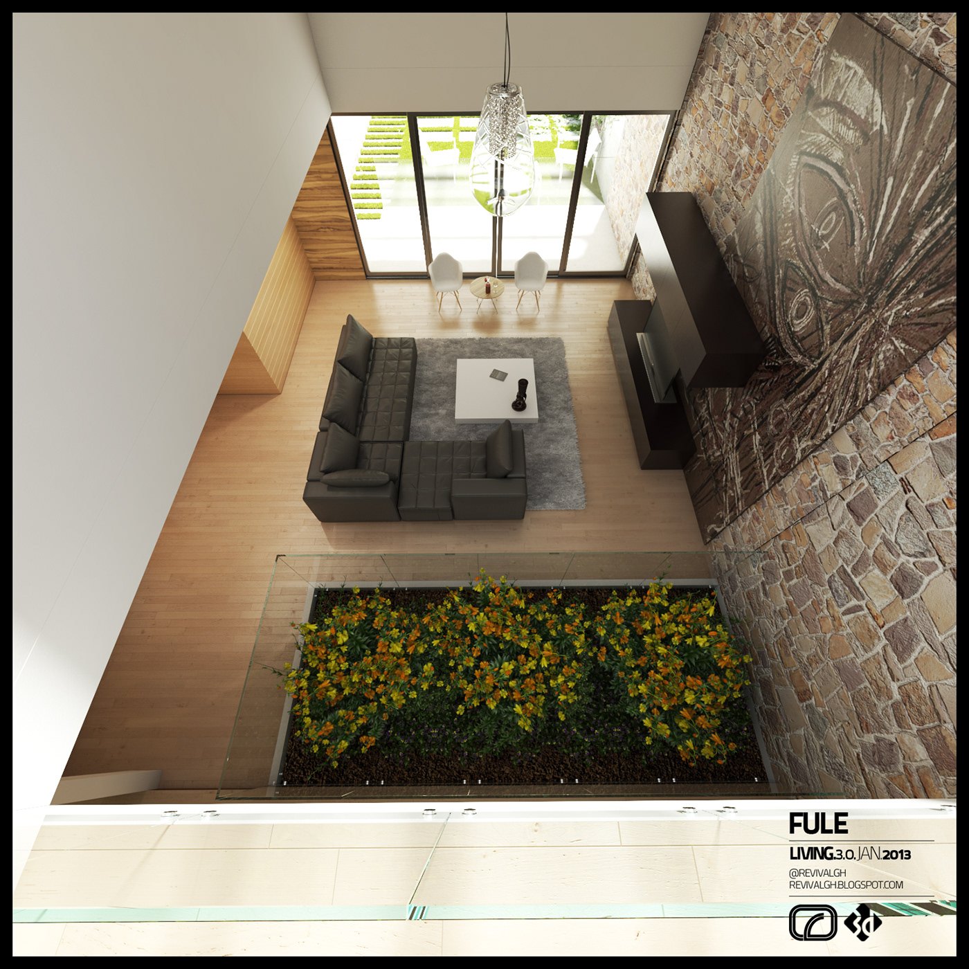Overhead render into the sitting room: a dark grey L-shaped sofa around a low white table, a relief-carved feature wall at the right, and a sunken planted bed of orange flowers beside a glass balustrade.