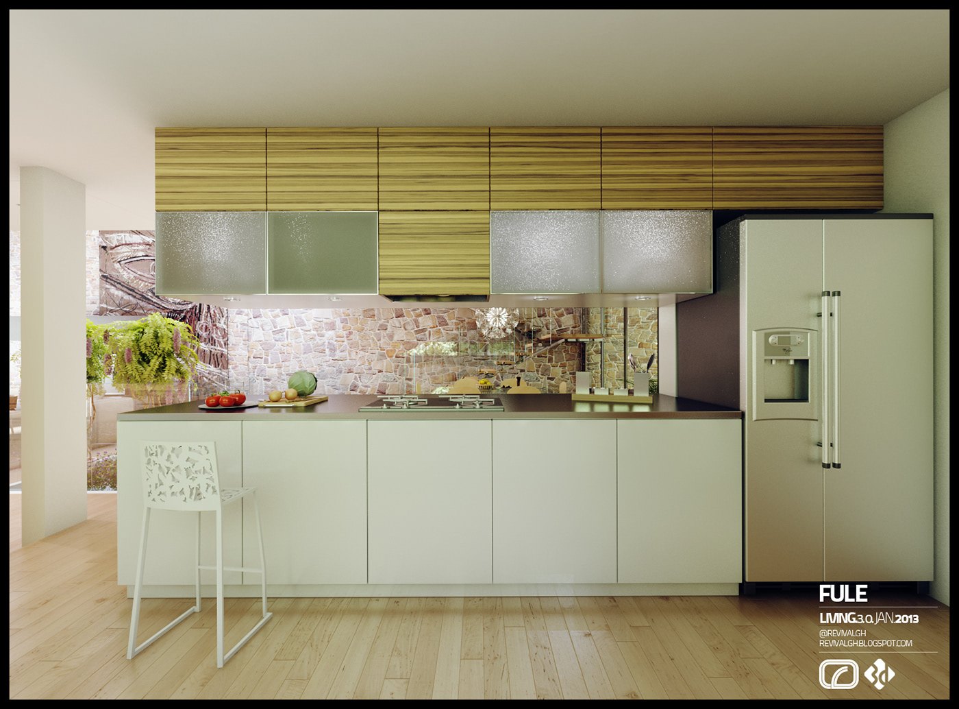 Kitchen render: handleless pale cabinets with a run of timber-fronted uppers and frosted glass panels, a patterned splashback, a tall stainless fridge at the right and two white stools at the island.