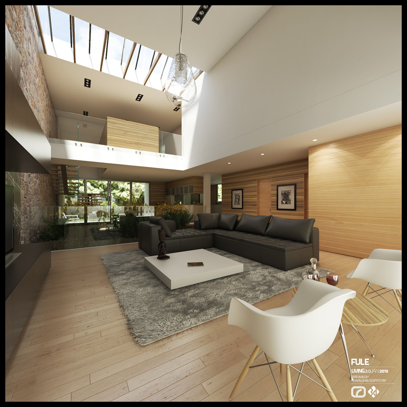Double-height living room render: a glazed roof lantern over a dark grey sectional, white coffee table and grey rug, moulded white chairs in the foreground, brick wall at the left and oak panelling with framed art.