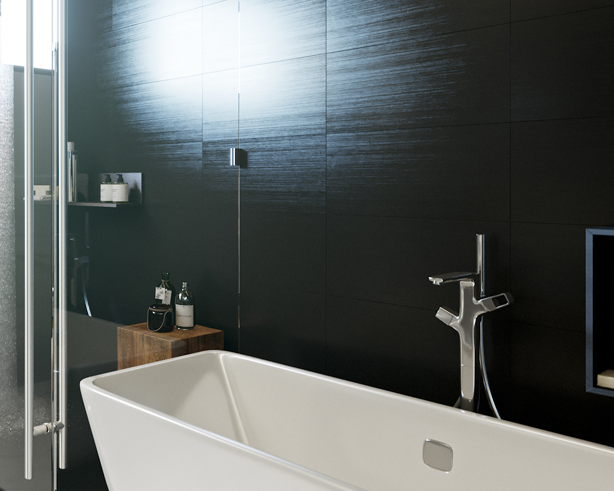 Funko Ridge Residence tub detail: freestanding white tub and floor-mounted chrome tap against a brushed black tile wall, glass shower screen at one side.