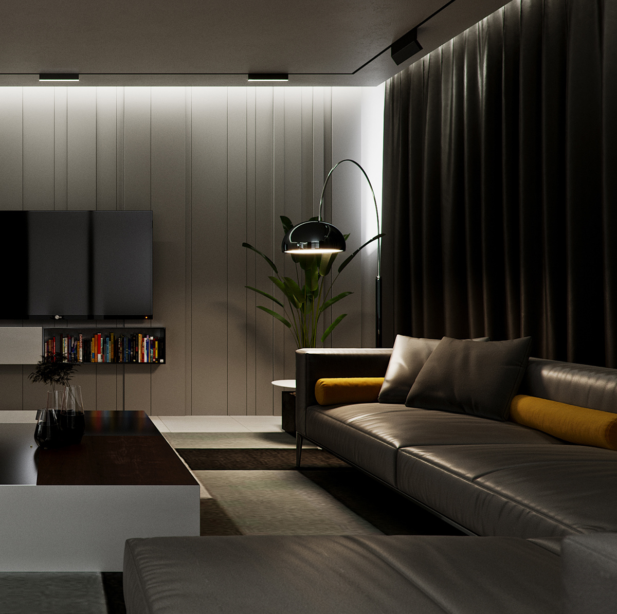 Funko Ridge Residence living room at night: grey leather sofa with mustard bolsters before the backlit fluted media wall, arc floor lamp lit behind a potted palm.