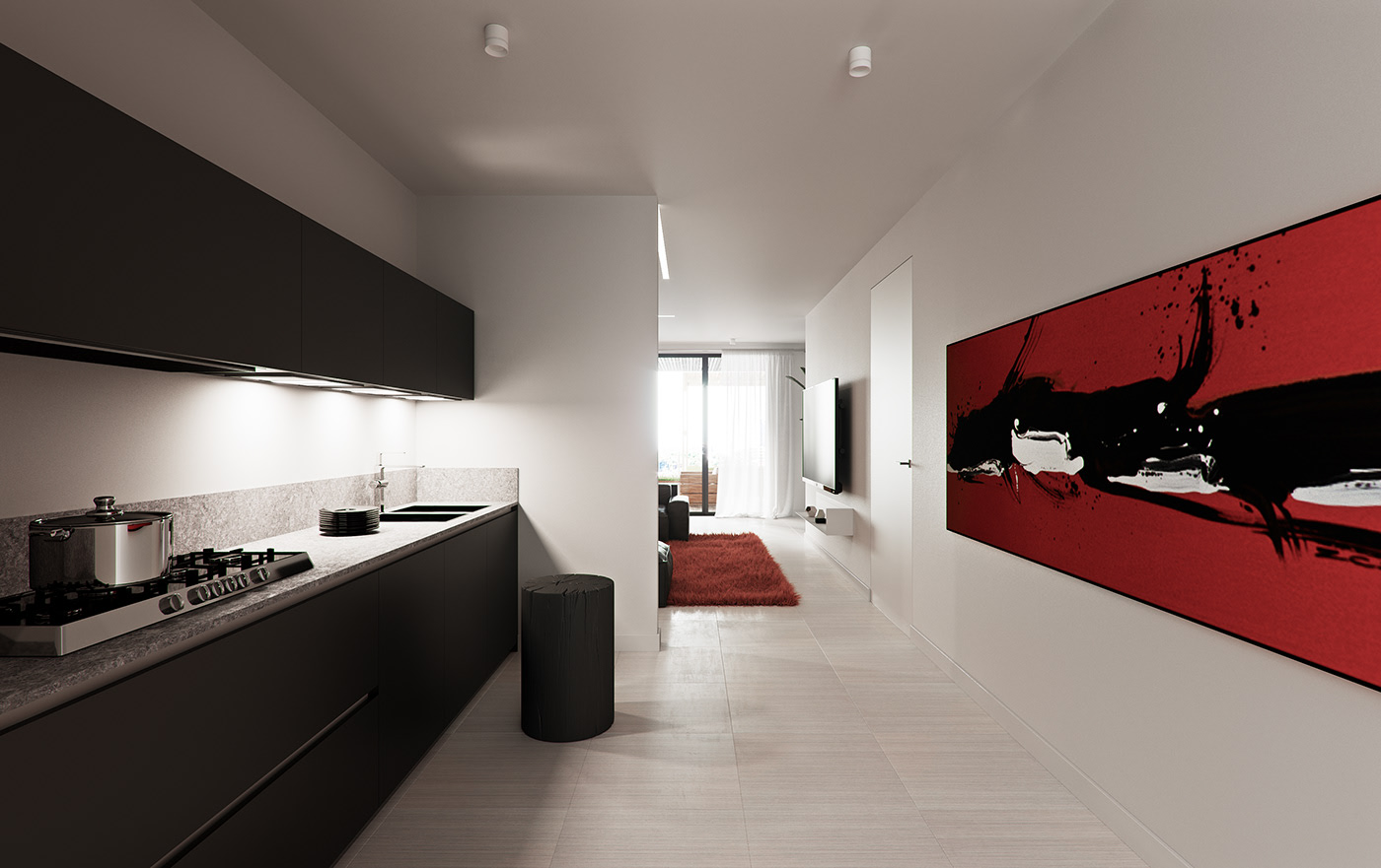 Funko Ridge Residence kitchen corridor: matte black run with a gas hob and stone counter under strip lighting, black cylinder stool, red-and-black abstract canvas along the white wall.