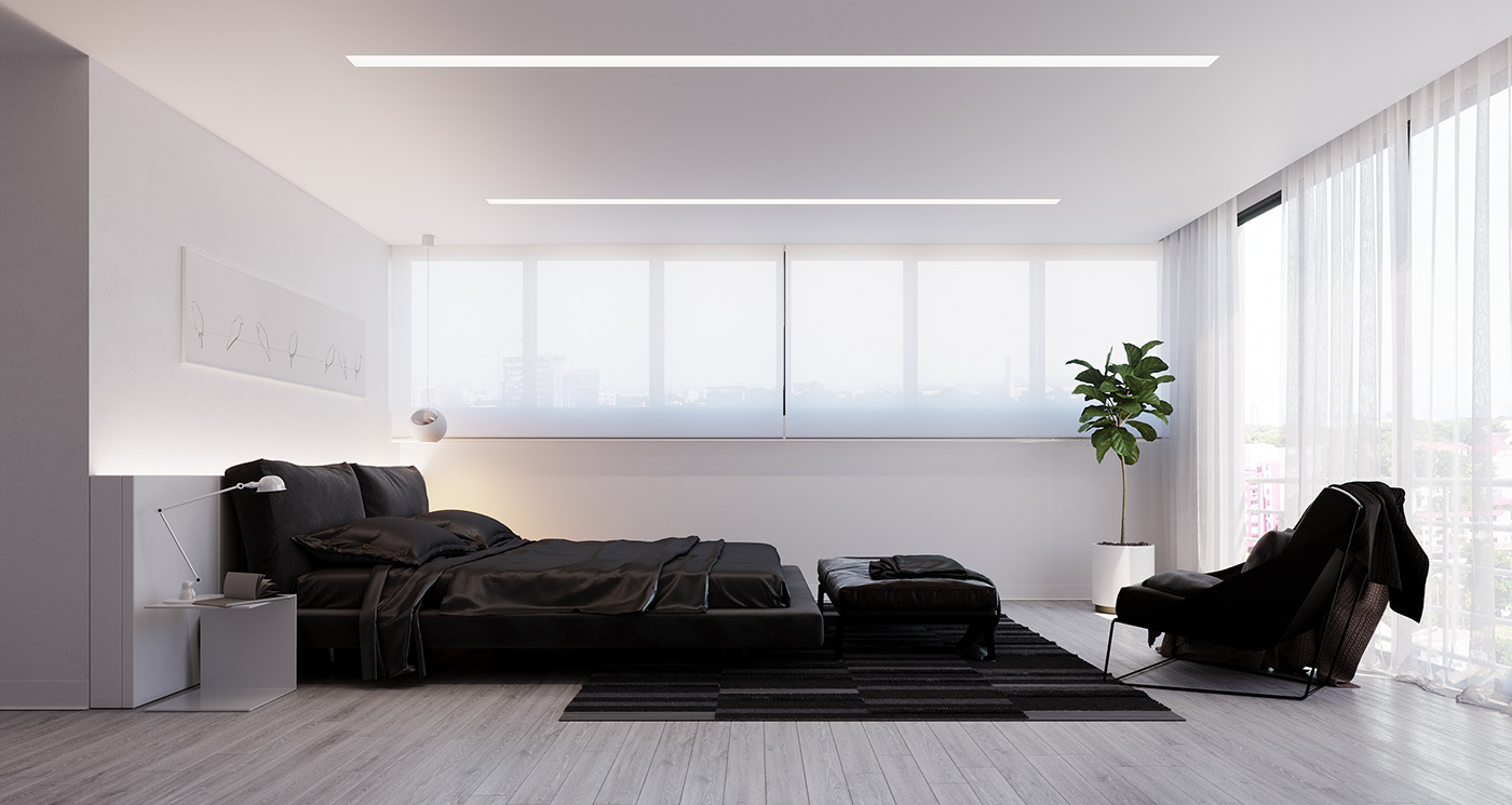 Funko Ridge Residence bedroom: low black bed in satin bedding on a striped charcoal rug, backlit bird line-art canvas above the headboard, fiddle-leaf fig and lounge chair at the sheer-curtained window.