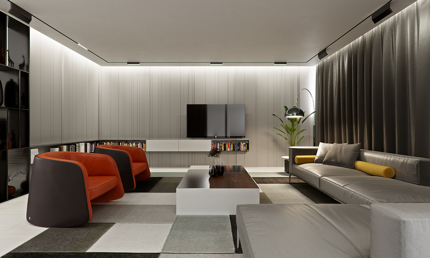 Funko Ridge Residence living room from the armchairs: orange tub chairs and grey sectional around a white-and-walnut coffee table, TV on the fluted wall above a floating cabinet and lit book nook.