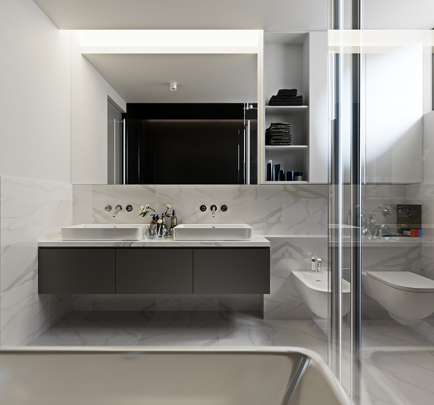 Funko Ridge Residence vanity wall: twin rectangular basins on a dark floating cabinet under a backlit mirror, open shelf of folded black towels, wall-hung WC and bidet behind glass.