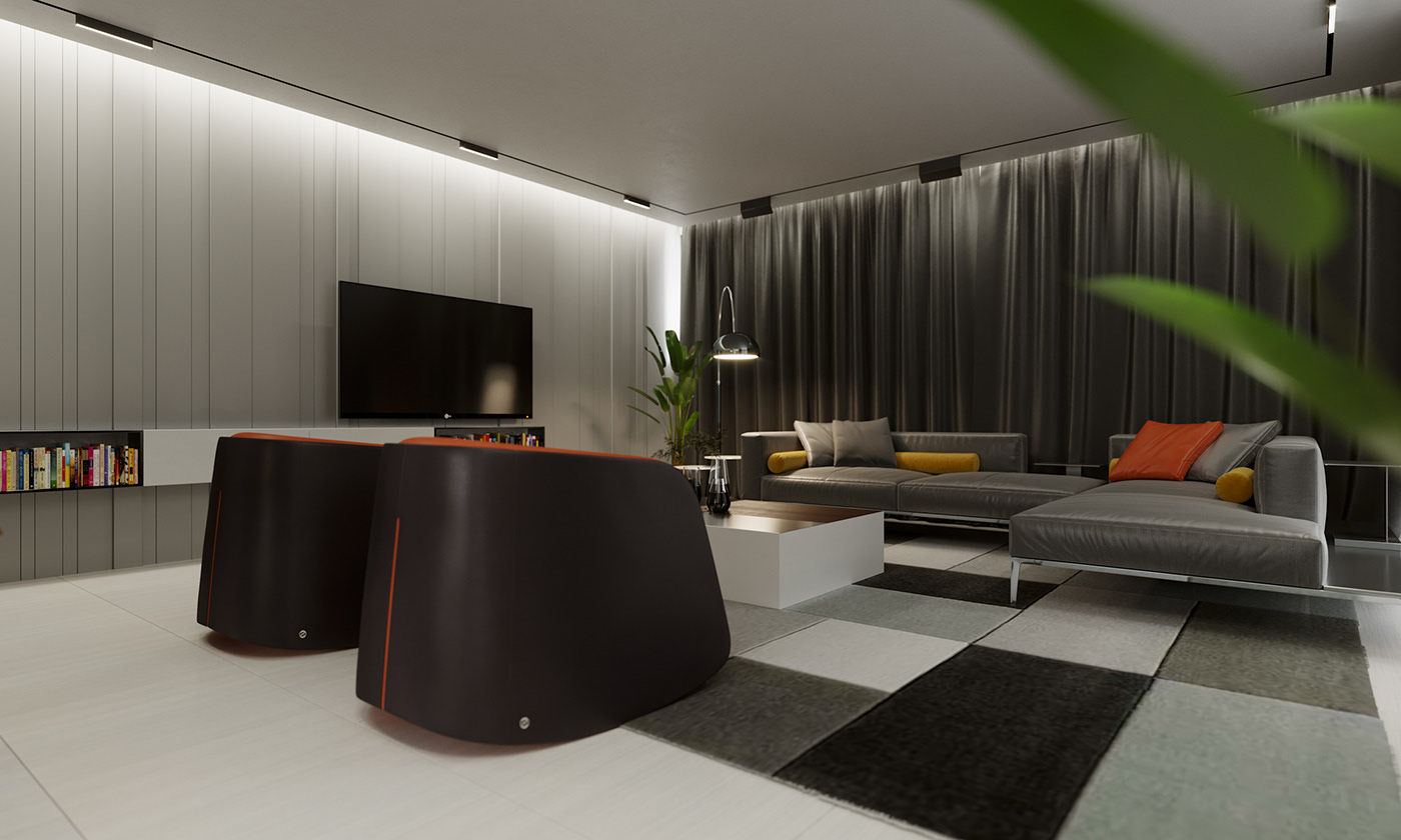 Funko Ridge Residence living room from floor level: black-and-orange tub chairs seen from behind, grey sectional with mustard and rust cushions on a patchwork rug, TV on the fluted wall.