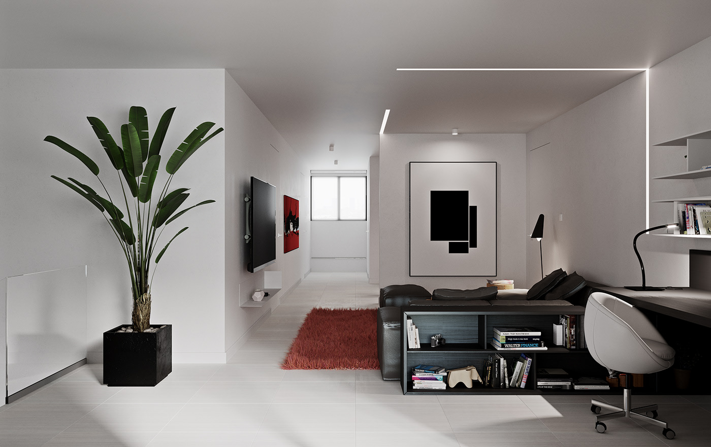 Funko Ridge Residence study end of the open plan: black sectional and low bookshelf divider on the red rug, wall-mounted TV edge-on down the corridor, tall palm in a cube planter.
