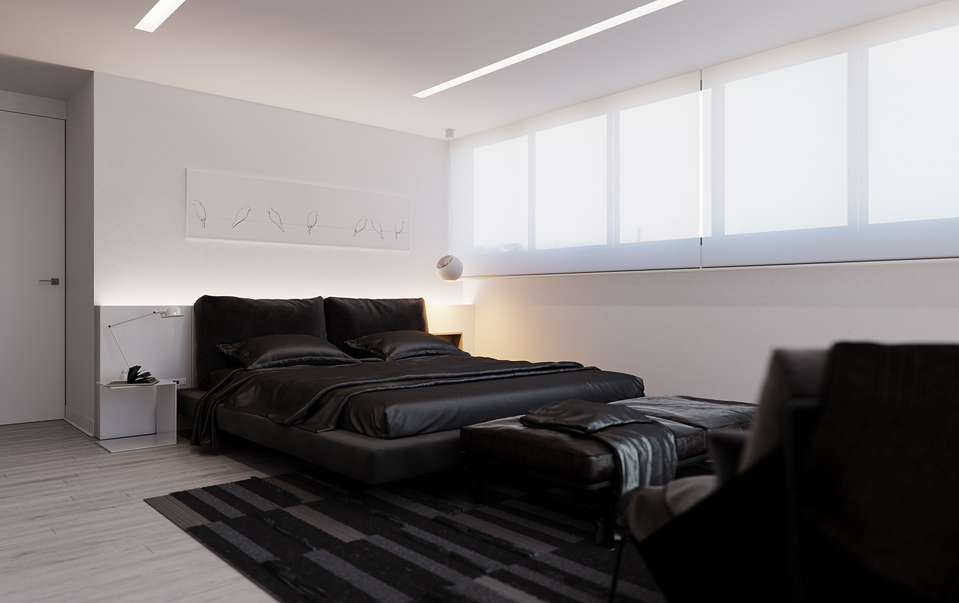 Funko Ridge Residence bedroom from the doorway: low black bed against a backlit headboard wall with a bird line-art canvas, frosted roller blinds over a long window band, white cube nightstand with a task lamp.