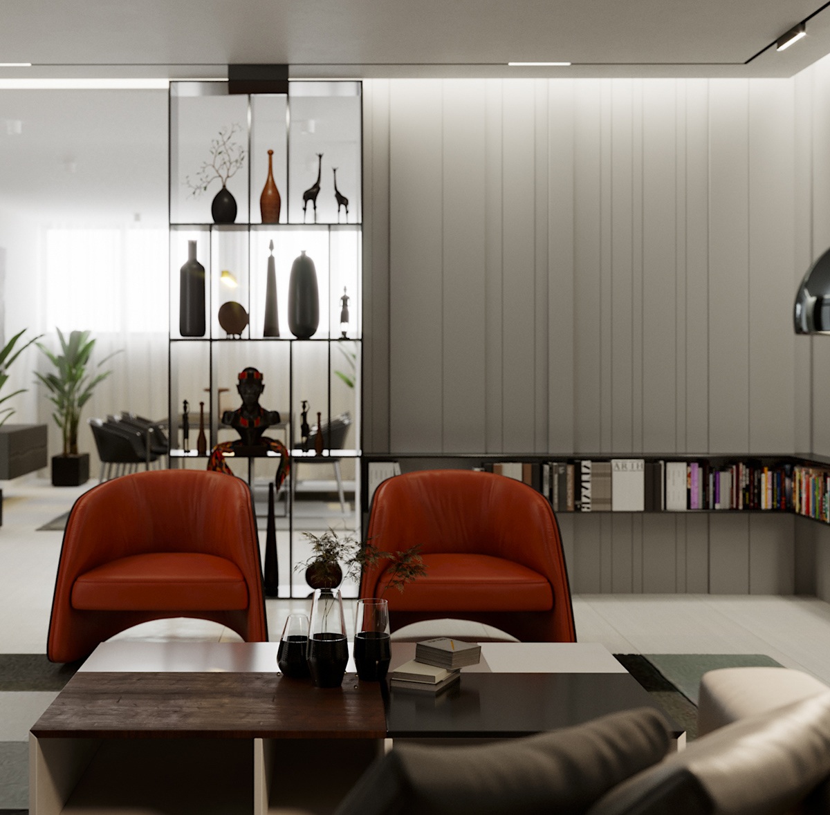 Funko Ridge Residence seating detail: orange tub chairs behind a low coffee table with dark glass carafes, black display shelving of vases and ornaments against the fluted media wall.