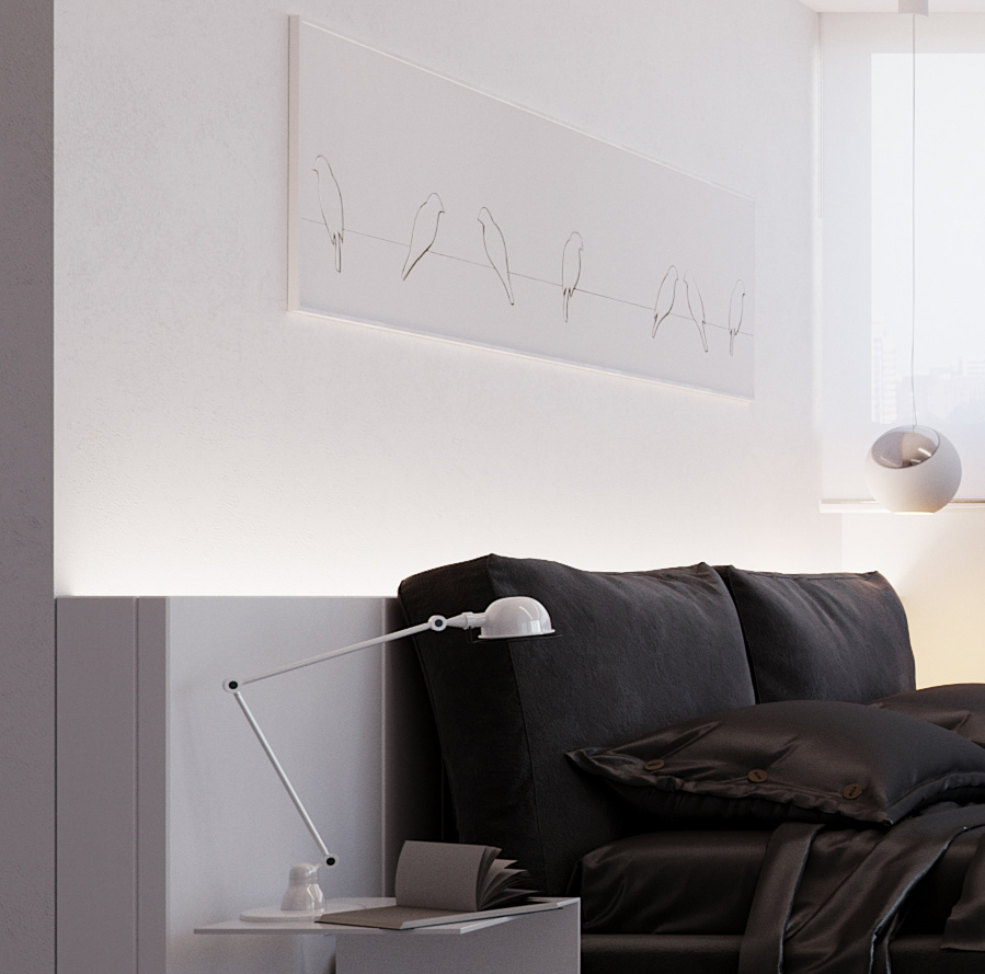 Funko Ridge Residence headboard detail: black upholstered headboard and satin pillows under a backlit wall and bird line-art canvas, angled white task lamp on the cube nightstand.