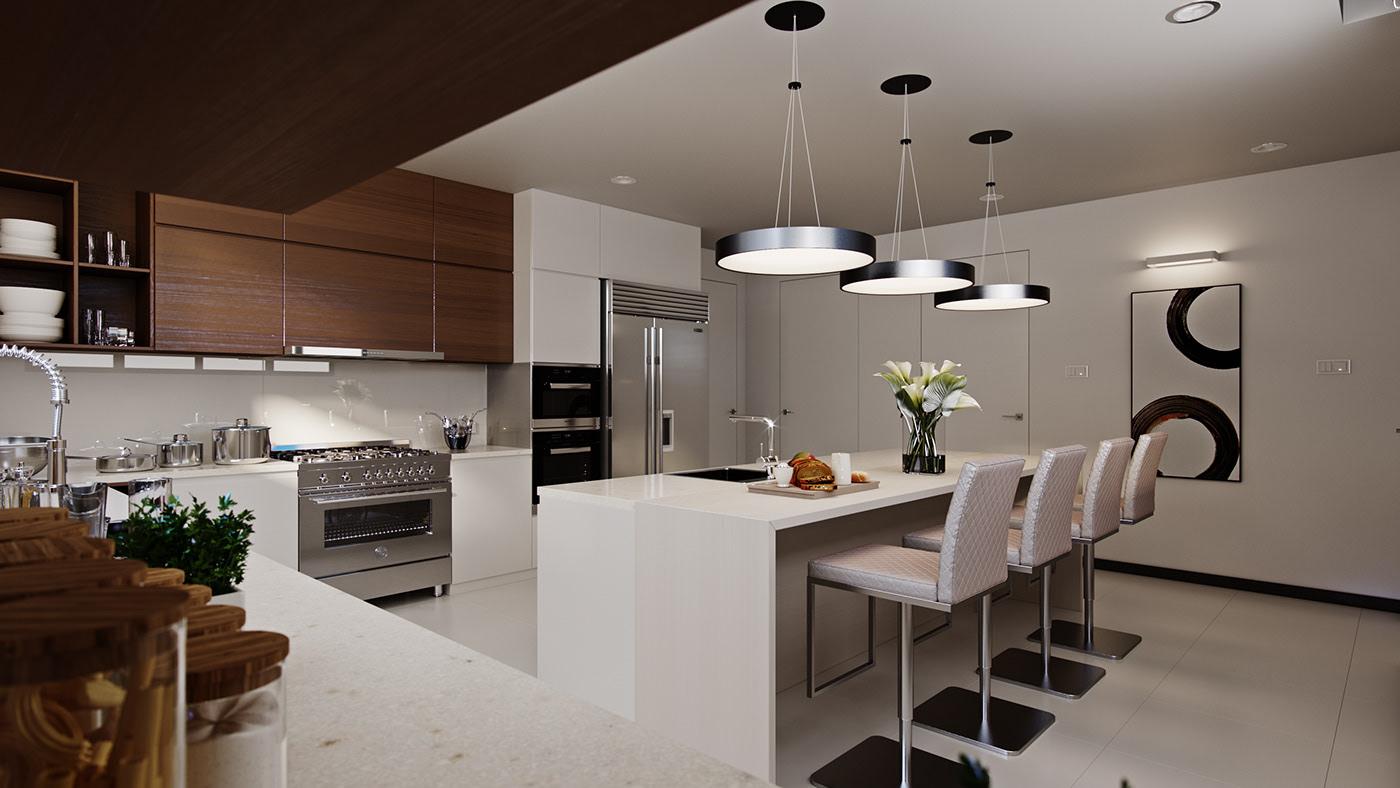 Funko Ridge Residence kitchen from the dining side: white island with four quilted bar stools and a lily vase, walnut uppers and open shelving, stainless range and stacked ovens.
