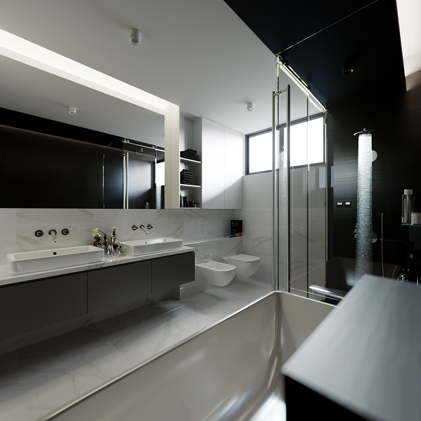 Funko Ridge Residence bathroom from the tub: twin basins on a dark floating vanity under a long backlit mirror, wall-hung WC and bidet, glass shower screen and rain column at right.