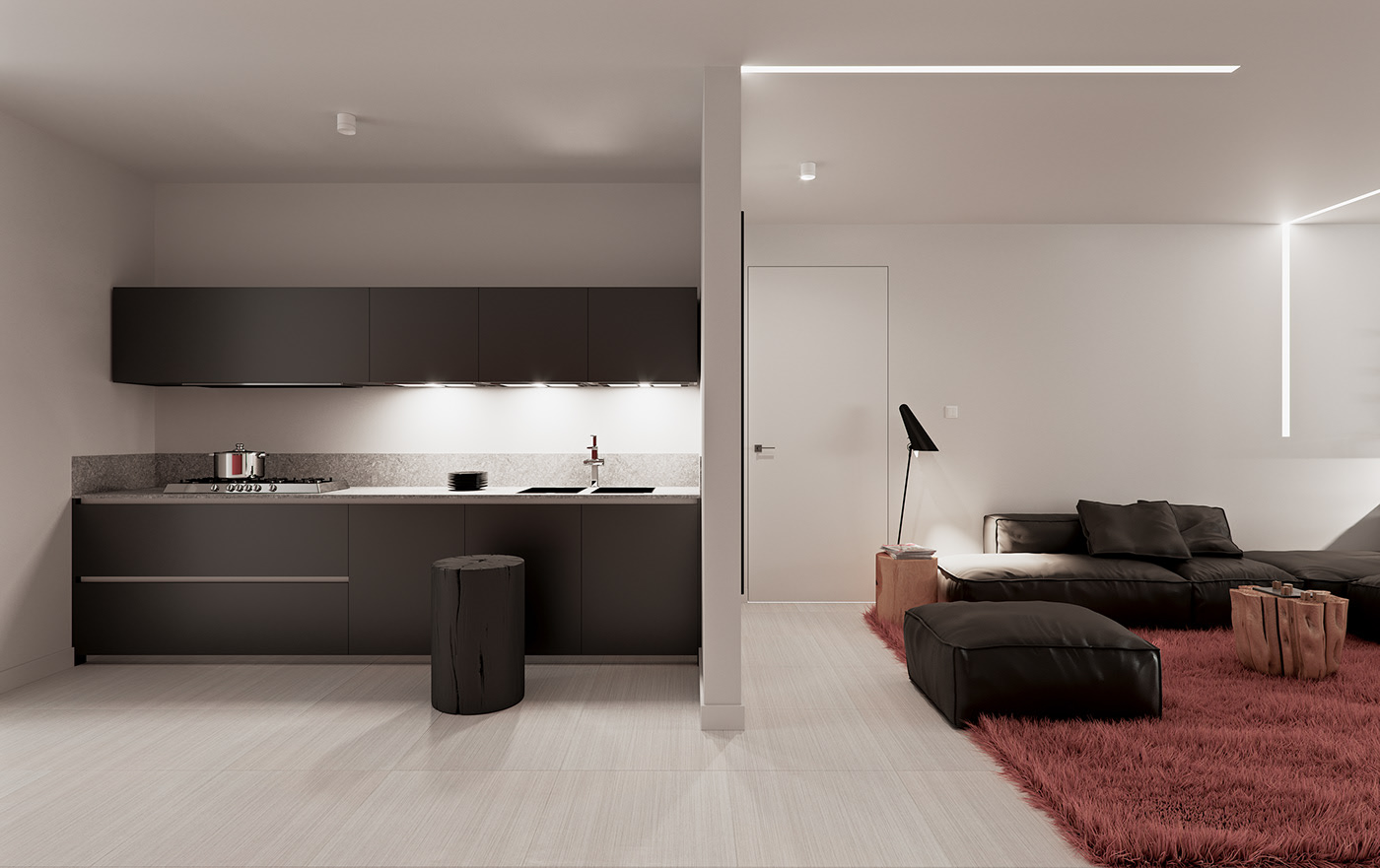 Funko Ridge Residence kitchen and lounge divided by a column: black run with a gas hob and stone counter on one side, leather sectional on a red shag rug with a log table and cone lamp on the other.