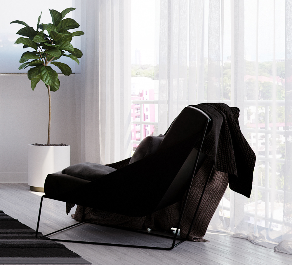 Funko Ridge Residence reading corner: black lounge chair draped with a knitted throw by a sheer-curtained window, fiddle-leaf fig in a white cylindrical planter, rooftops beyond the glass.