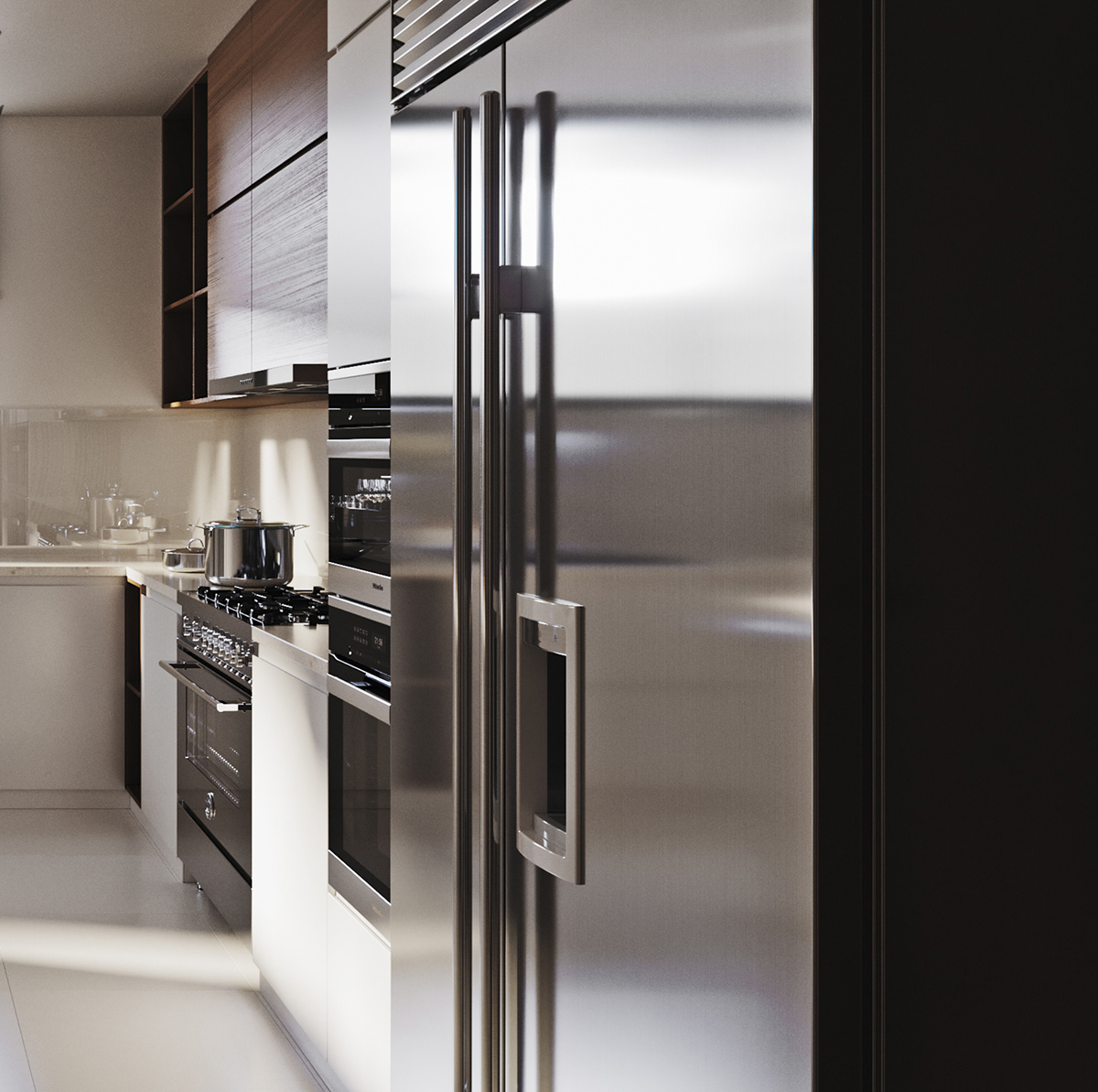 Funko Ridge Residence appliance wall: stainless fridge doors close up beside stacked built-in ovens and a gas range with a stockpot, walnut uppers over a pale counter.