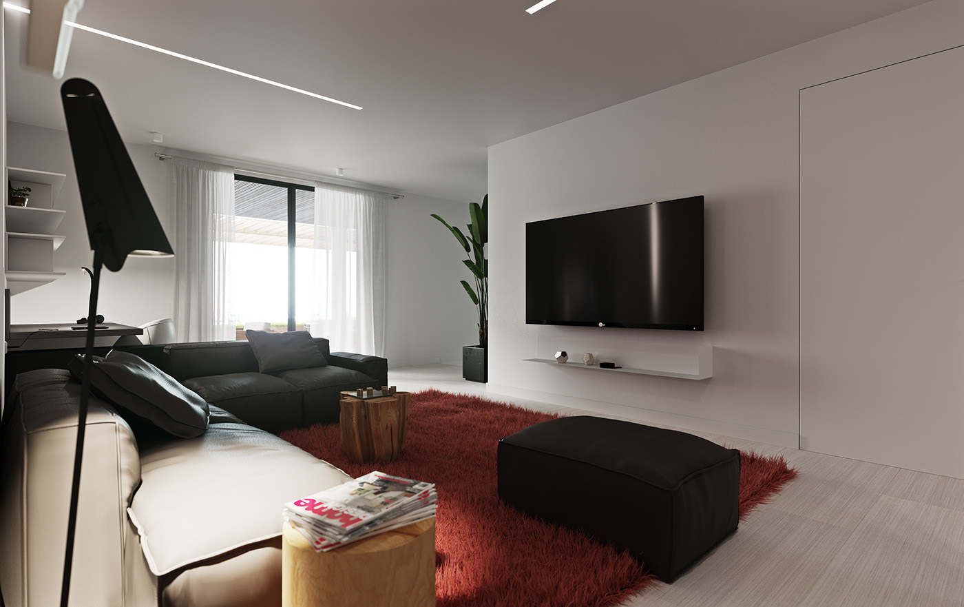 Funko Ridge Residence lounge from the desk: black sectional and ottoman on the red shag rug, wall-mounted TV above a floating white shelf, cone floor lamp and sheer curtains to a terrace.