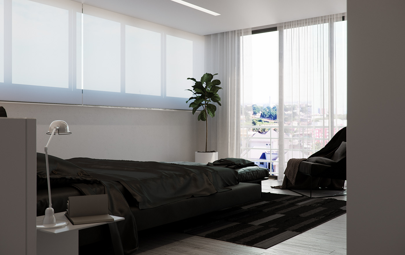 Funko Ridge Residence bedroom from the nightstand: low black bed on a striped rug, task lamp and book at the head, fiddle-leaf fig by frosted blinds, lounge chair at the glazed wall with a city view.