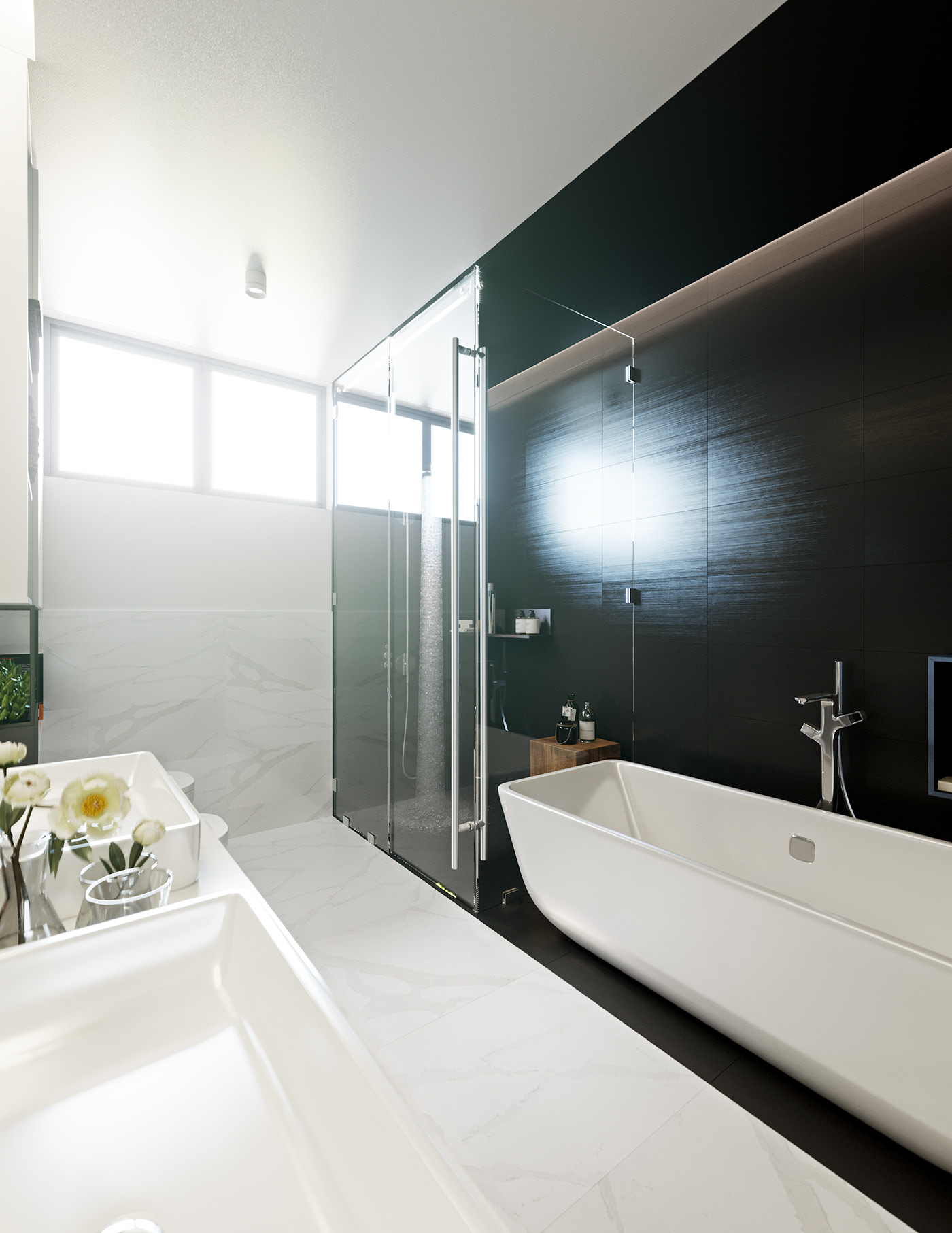 Funko Ridge Residence bathroom along the vanity: white basins with a vase of cream roses in front, glass shower enclosure mid-frame, freestanding tub against the brushed black wall.