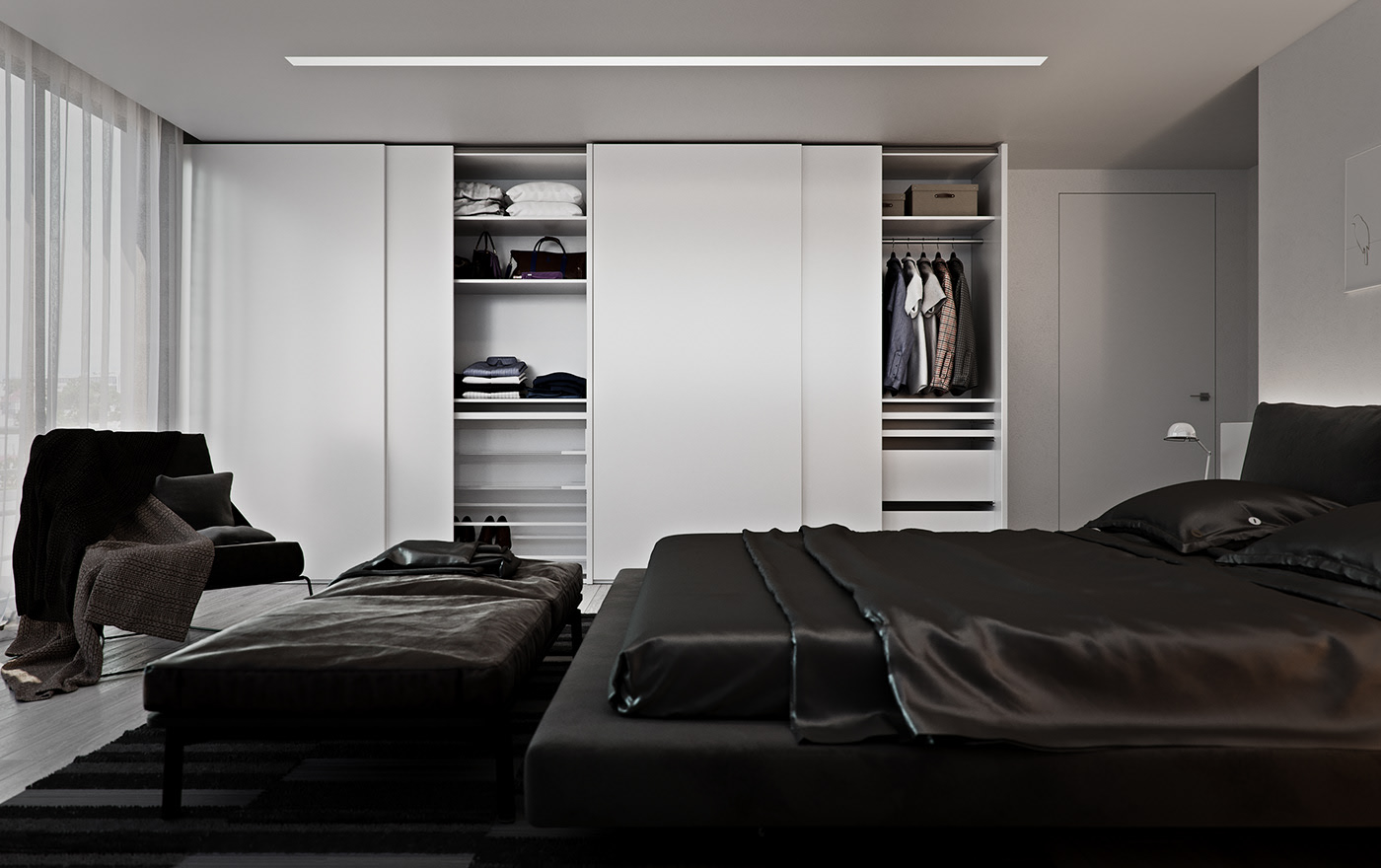 Funko Ridge Residence wardrobe wall: white sliding-door built-in with open bays of folded linens and hanging shirts, low black bed and leather ottoman in front, armchair at the window.