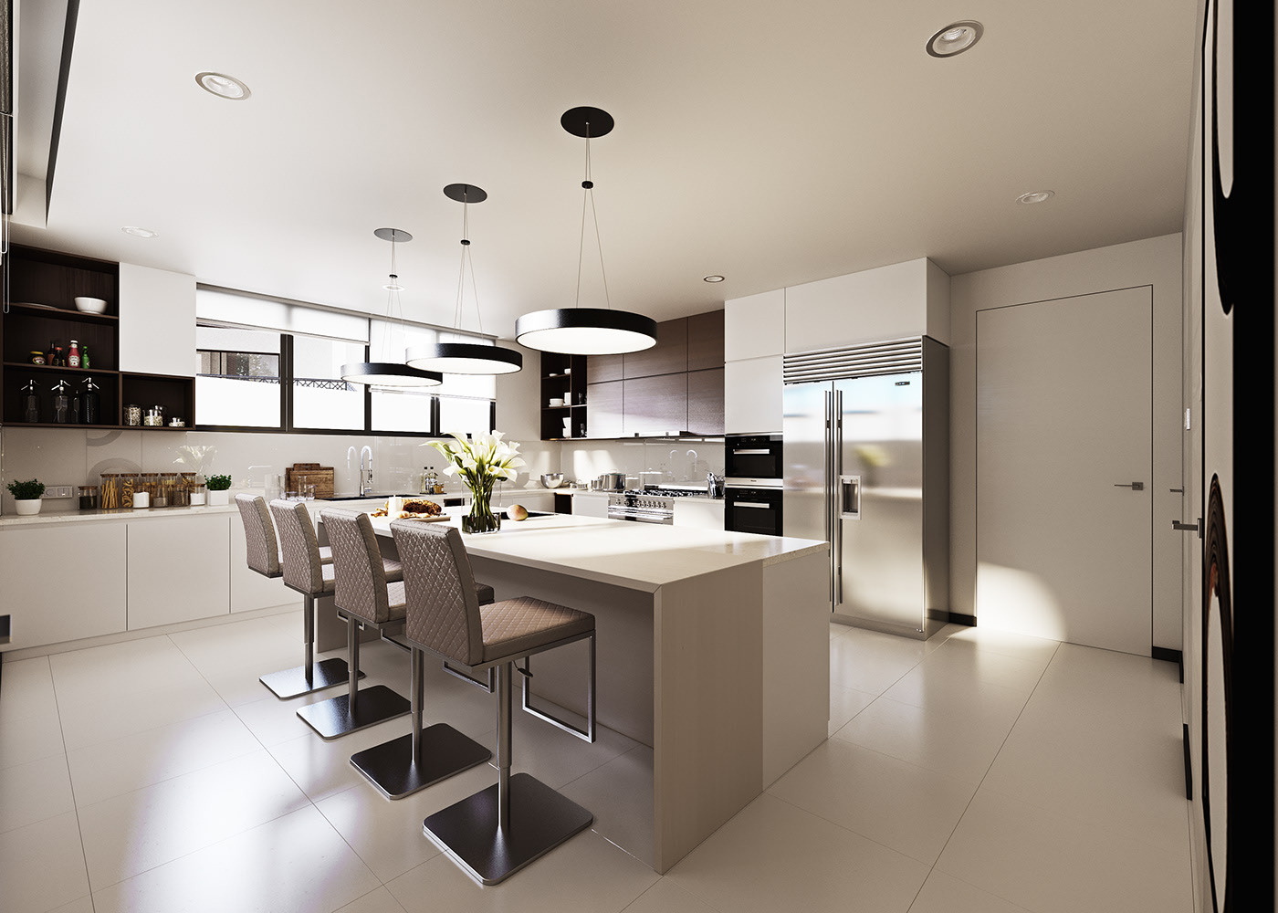 Funko Ridge Residence kitchen from the stools: pale island with four quilted bar stools and a lily vase under black disc pendants, perimeter run with dark shelving and a stainless fridge.