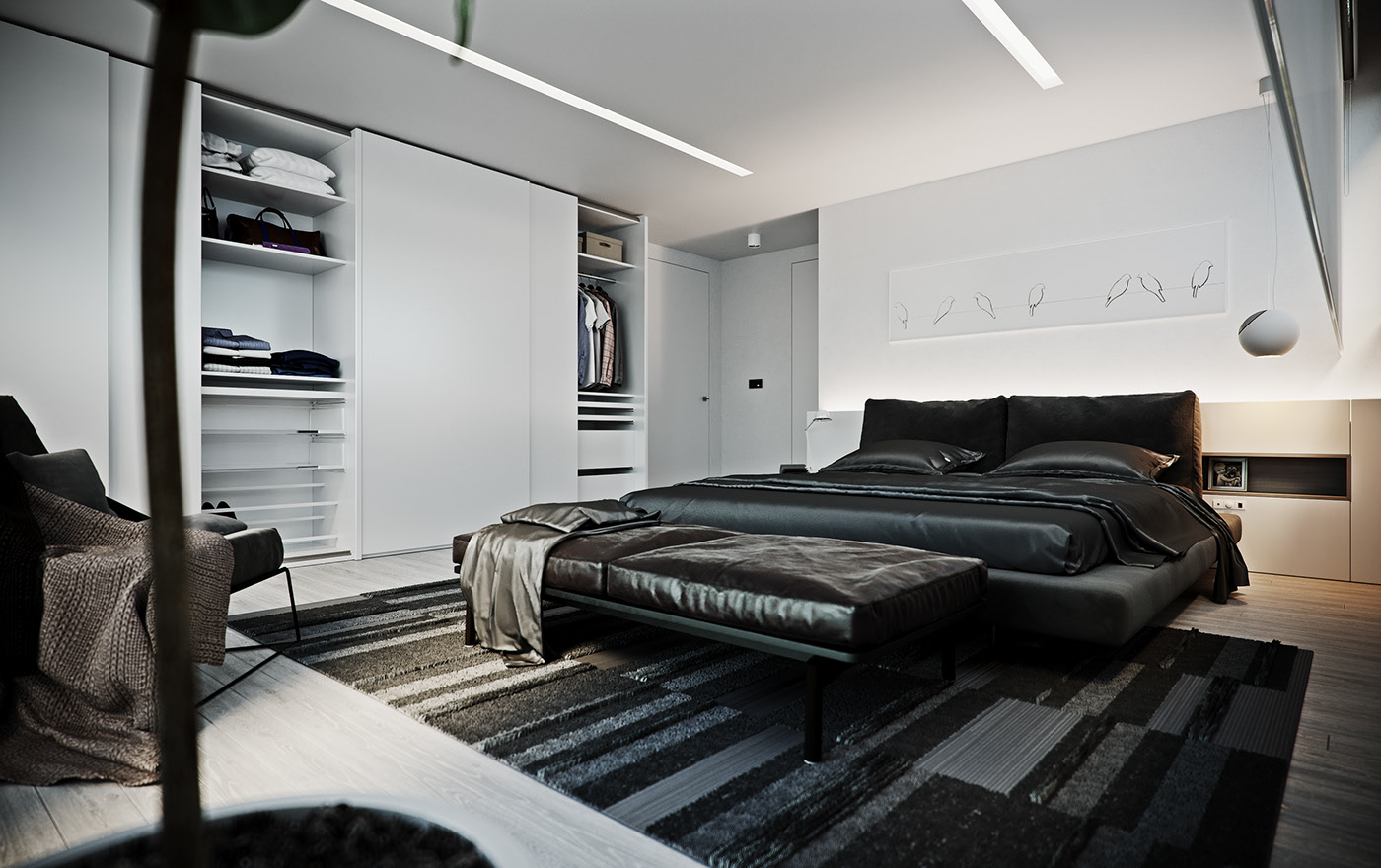 Funko Ridge Residence bedroom from the window: low black bed with a leather bench at the foot on a striped rug, backlit bird canvas above the headboard, sliding wardrobe open at one side.