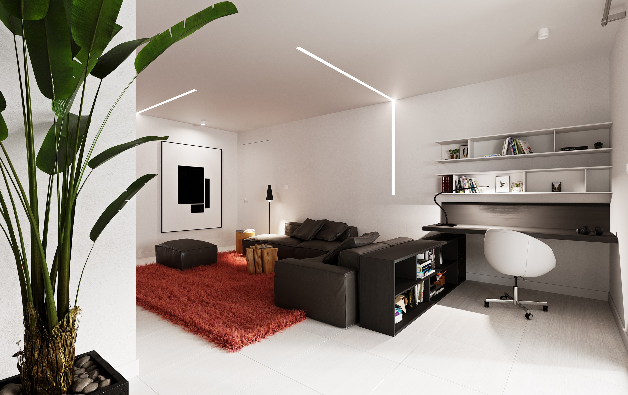 Funko Ridge Residence study lounge: black leather sectional on a rust shag rug beside a low white desk with a swivel chair, open shelving above and a tall potted palm in front.