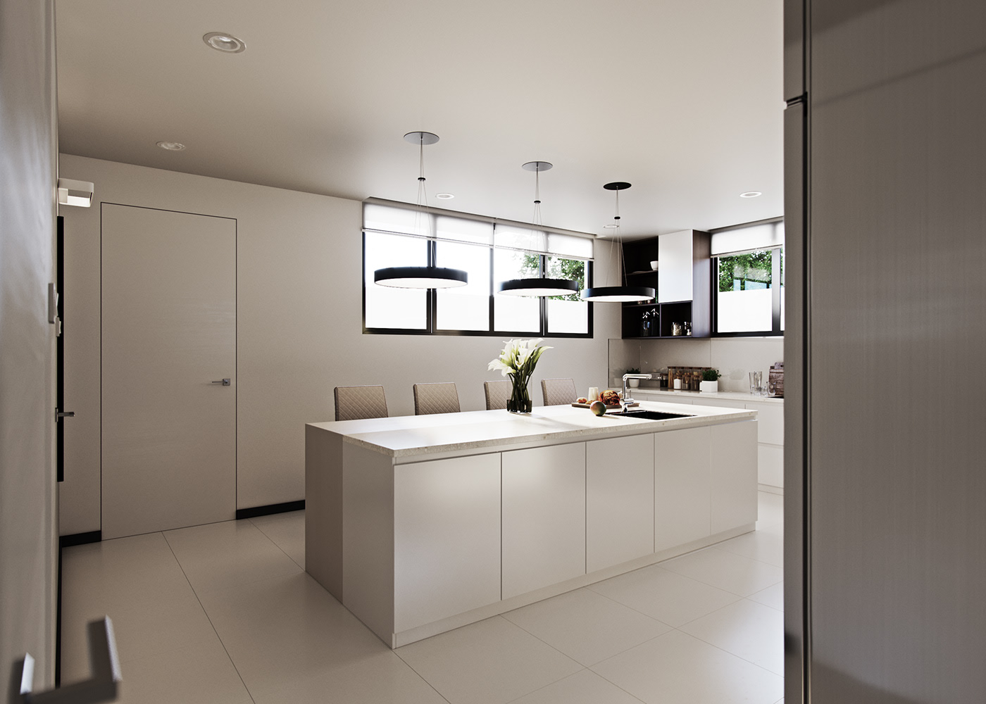 Funko Ridge Residence open kitchen: island with a lily vase and breakfast things under black disc pendants, flush pale door and a band of windows with roller blinds.