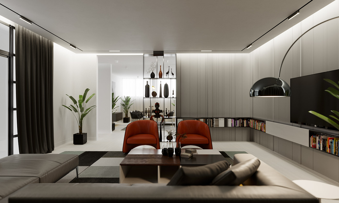 Funko Ridge Residence living room from the sofa: two burnt-orange tub chairs at a low two-tone coffee table, black display shelving divider with vases and a bust, TV on the fluted grey media wall.