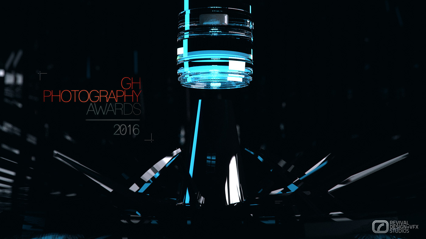 The award with its radiating shards catching the cyan rim light along one edge, the GH PHOTOGRAPHY AWARDS 2016 lock-up sharp at the left of the frame