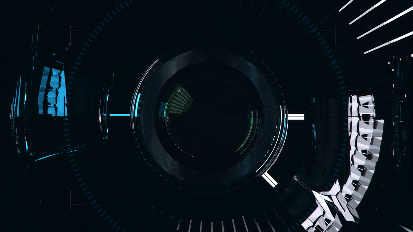 Gh Photography Awards seen through the lens itself: the barrel faced head-on with its aperture blades at the centre, cyan light picking out the inner ring and radial blur streaking out behind it, and the curved AWARDS lettering wrapping the right-hand side of the mount