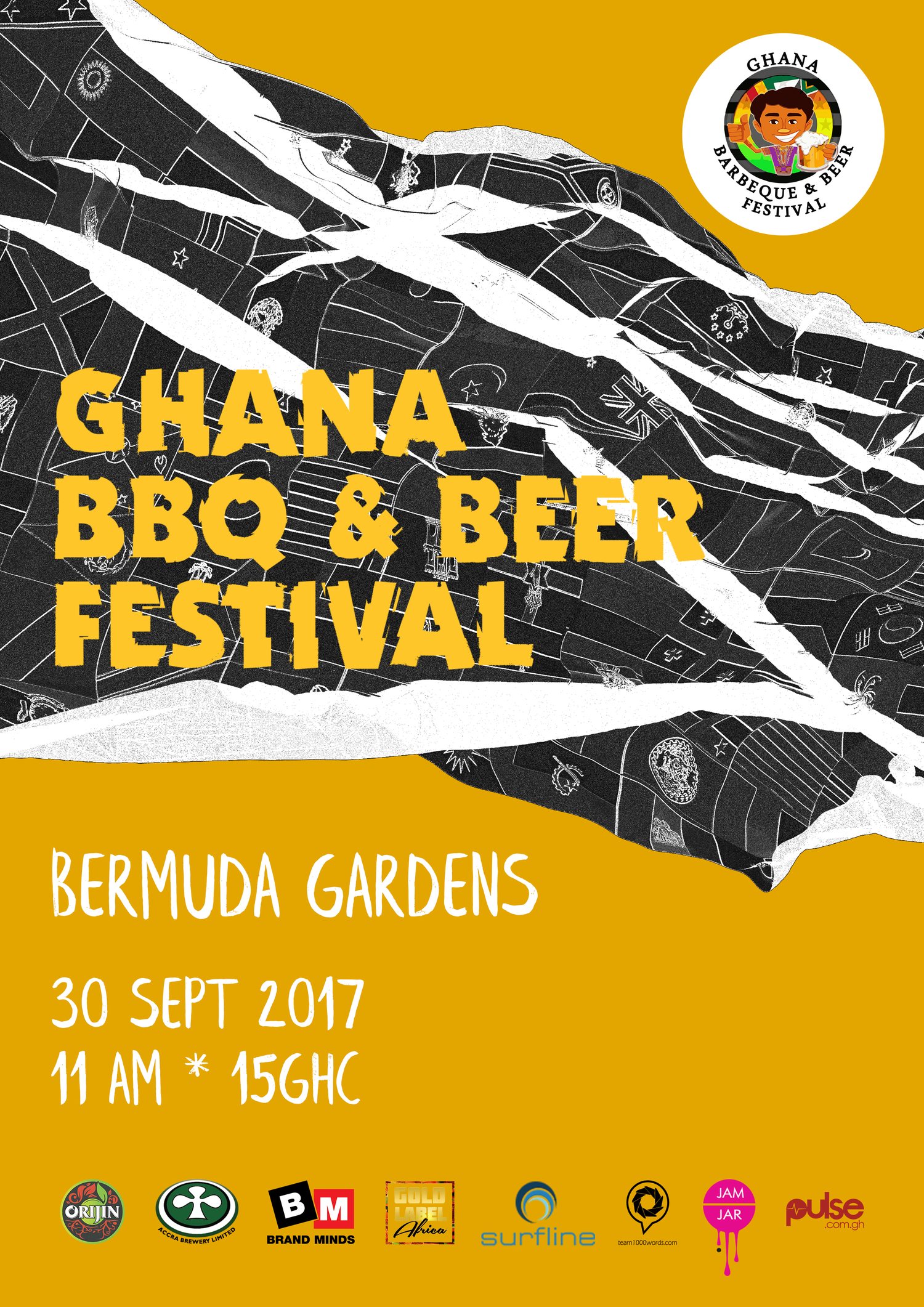 Second colourway: the street plan inverted to black, the title in yellow, the festival seal in the top-right corner and the sponsors in full colour
