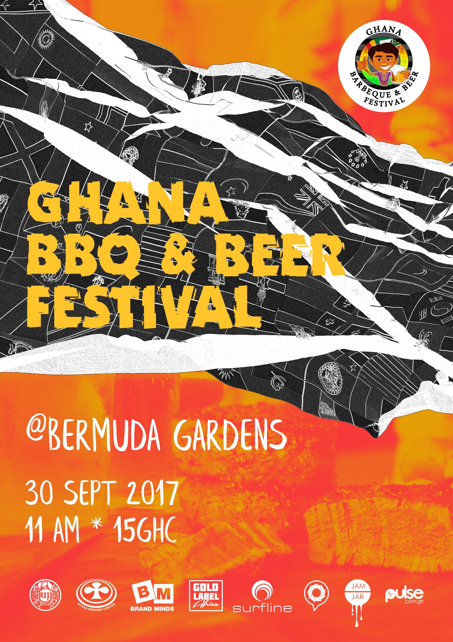 Third colourway: the black street plan over a flame-painted orange and red ground, the venue line set as @BERMUDA GARDENS