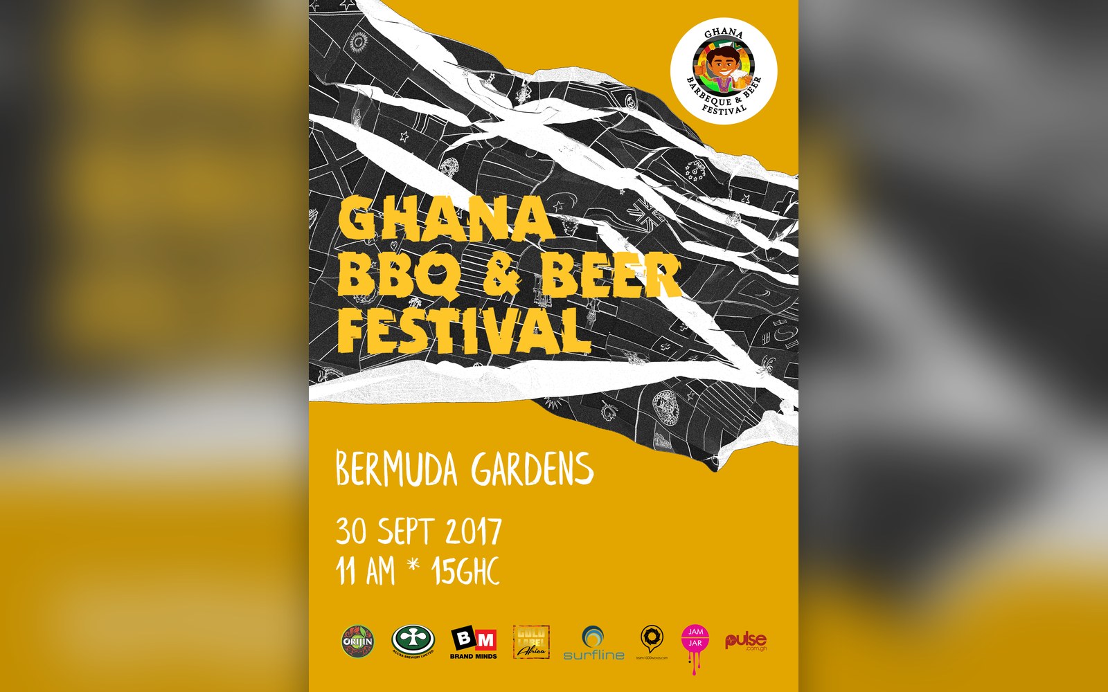 Ghana BBQ & Beer Festival poster — a mustard sheet torn open onto a black street plan with the title in torn yellow capitals, shown over a blurred field of itself