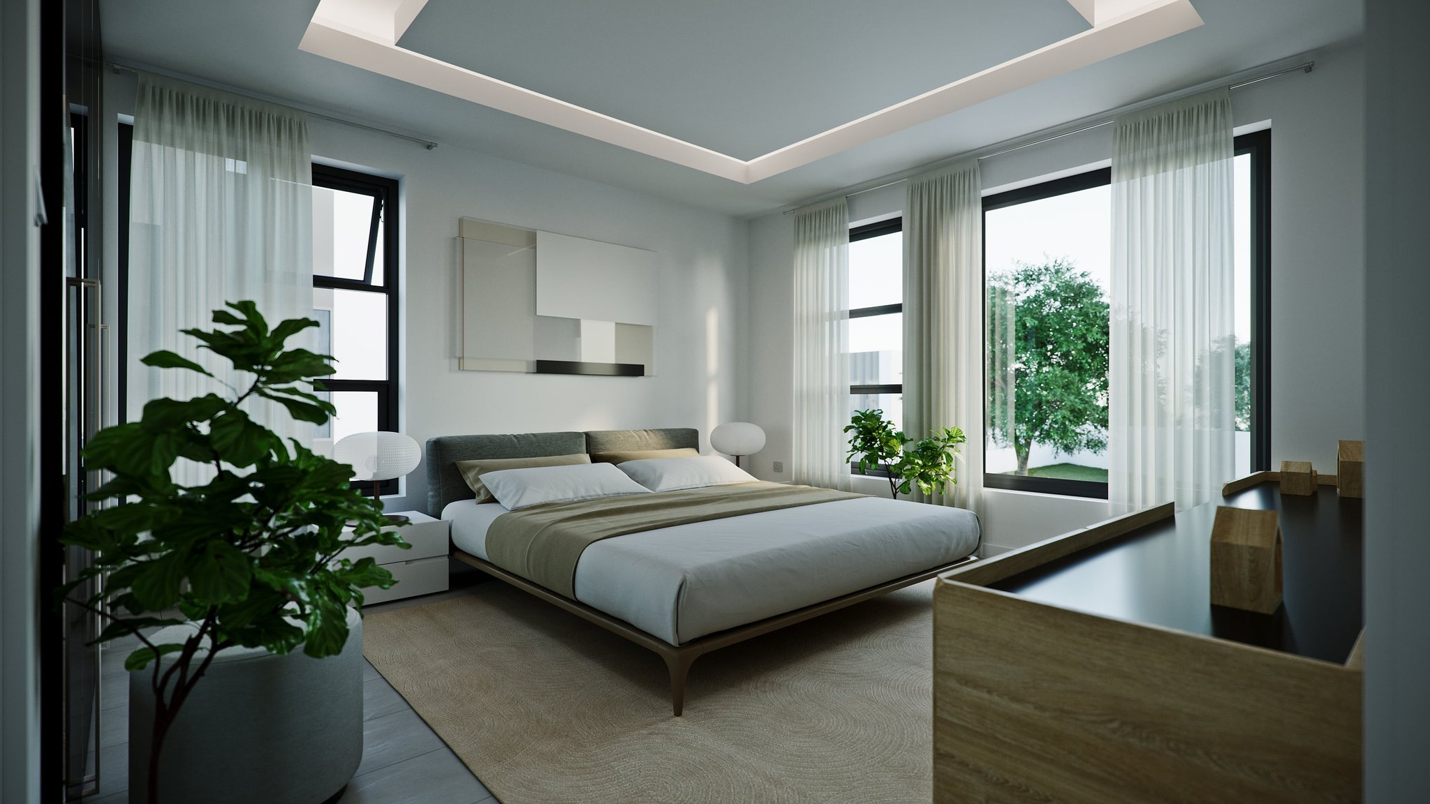 Giffard Park bedroom: a low platform bed with a grey upholstered headboard and white linens under an olive runner, ribbed paper lantern on a white nightstand, fiddle-leaf fig in a grey drum planter and tall black-framed windows onto a green courtyard.
