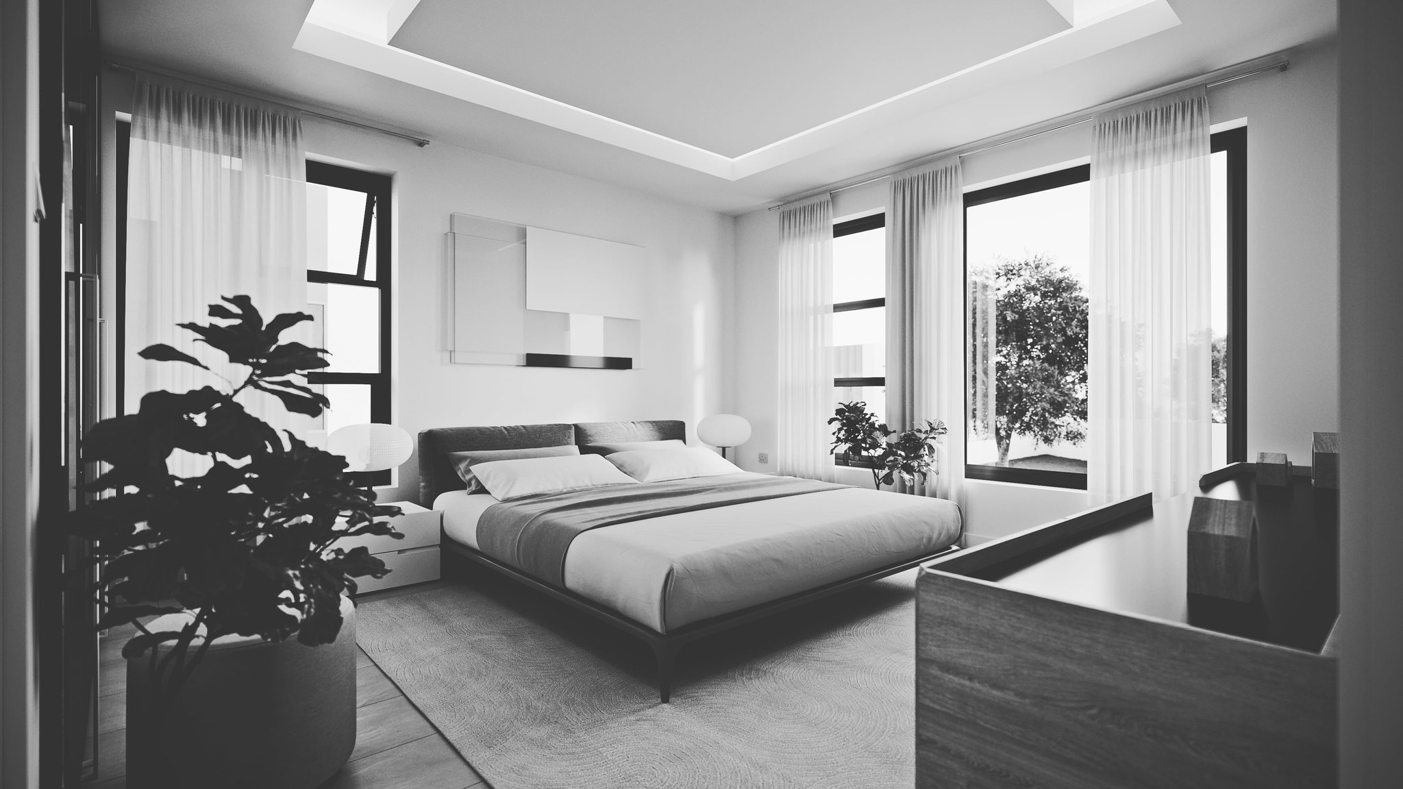Giffard Park bedroom rendered in black and white: the same platform bed, paper lantern and courtyard windowing as the colour plate, stripped to greys.